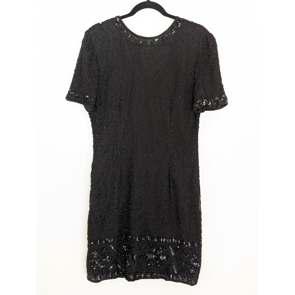 Stenay Vintage Black Silk Beaded Sequin Cocktail Dress Women Size 10 Shift Mini